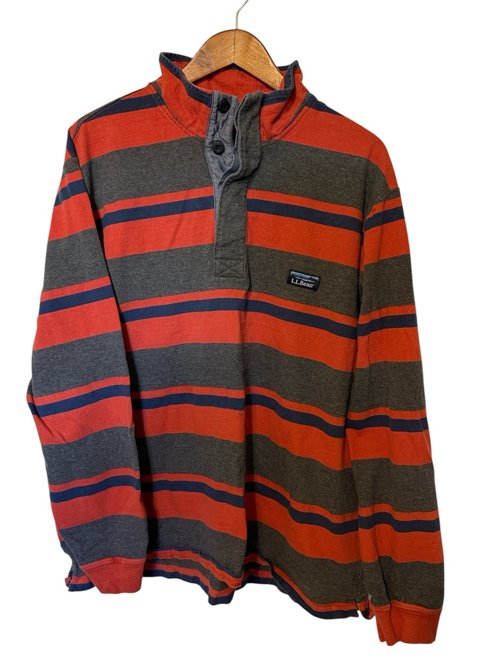 Vintage L.L. Bean Striped Rugby Style Pullover Long Sleeve Shirt Orange Blue XL
